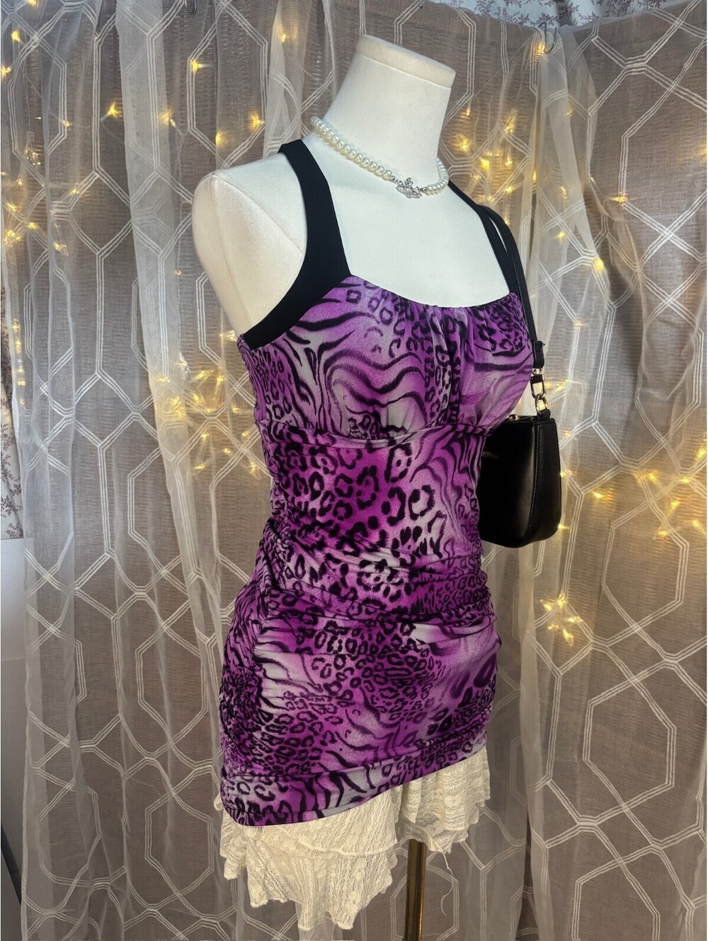 rue21 Purple Leopard Print Ruched Tank Top Y2K Bodycon Stretch Cami Medium Chic - Picture 2 of 8